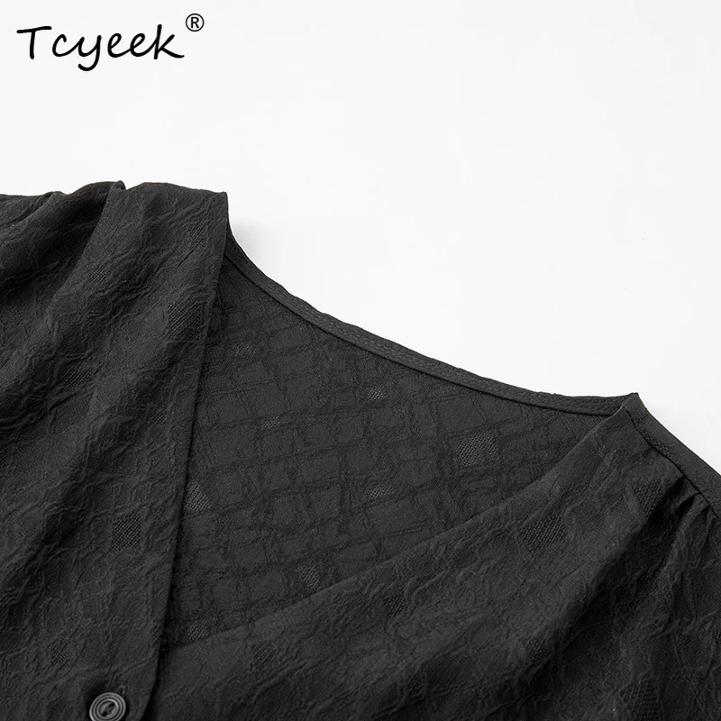 Tcyeek, 여성용 100% 리얼 실크 우아한 셔츠, 퍼프 슬리브 V 넥 솔리드, 단순 다용도 블라우스, 2024 봄 T43293QC