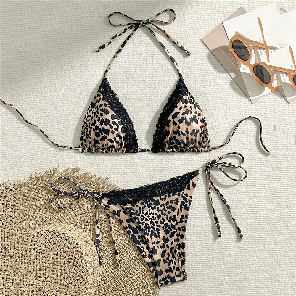 

Leopard Print String Halter Triangle Bikini Black Laec Micro Thong 2025 Sexy Swimsuit Women Swimwear Bathing Suit Bikinis Sets