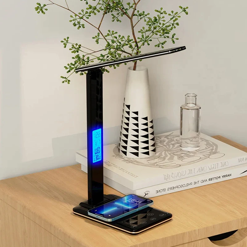 Wireless Charging 10W LED Desk Lamp With Calendar Temperature Alarm Clock Eye Protect Study Business Office Reading Desk Lamp