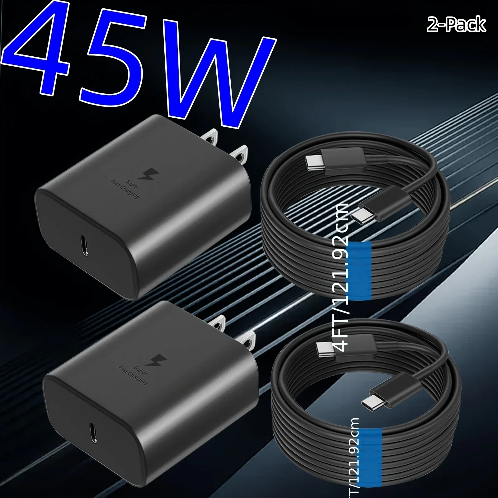 شاحن فائق السرعة بقدرة 45 وات مع كابل 4FT Type-C لهاتف Samsung Galaxy S23 Ultra/ S23/ S23+/ S22/ S22 Ultra/ S22+/ S21، Z Fold 5/ZFold