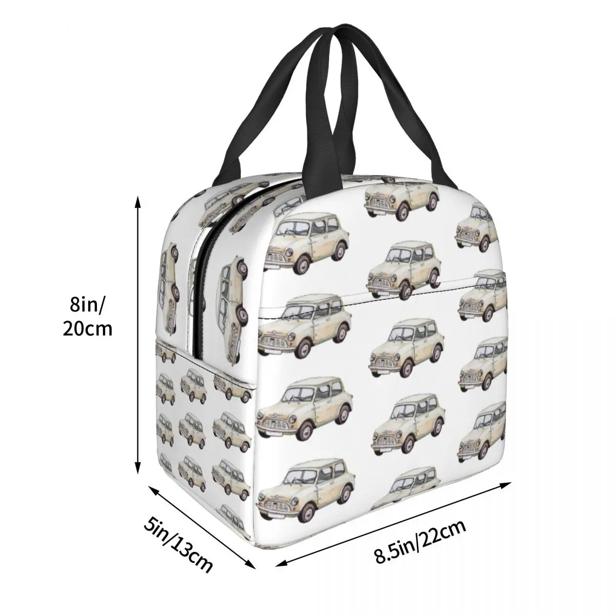 Classic White Mini Cooper In Watercolor Style Lunch Bag Insulated Bento Box Lunch Tote Picnic Bag Thermal Bag for Woman Children