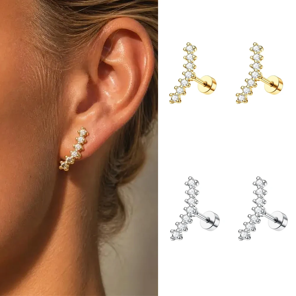 Curved CZ Crawler Stud Earrings for Women Flat Screw Back Cartilage Piercing Tiny Ear Climber Back To School Gift Jewelry Aretes
