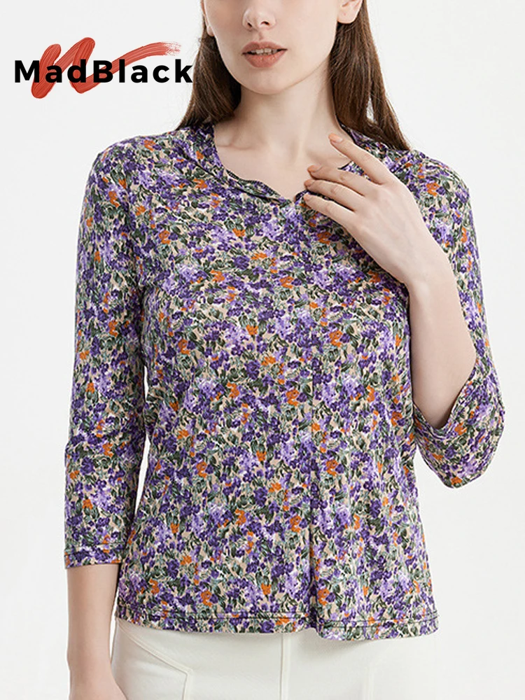 MadBlack-25%Silk 75%Viscose Elegant Knit T-Shirt, V Neck 3/4 Sleeve Print, Women Retro Versatile Slim Top, 2026 Autumn T68013CC