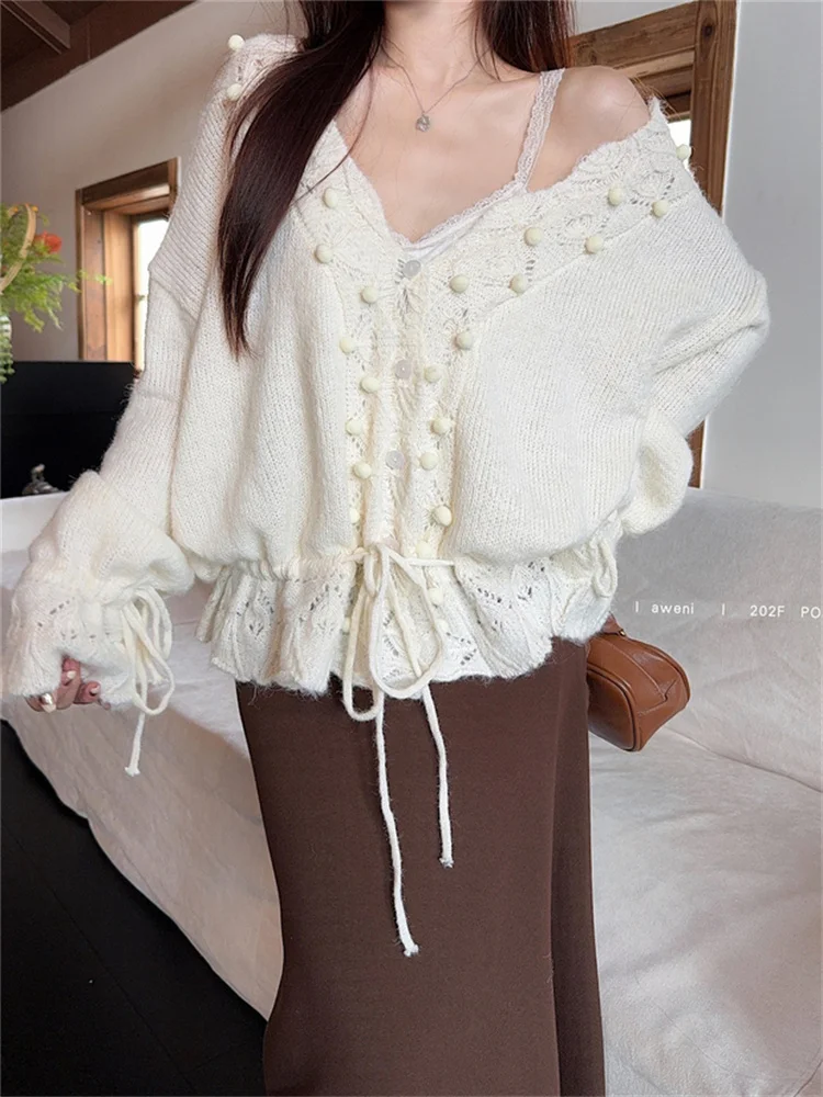 

Gentle Style Hollowed Out Hook Flower Trumpet Sleeve Sweater for Women 2025 New Loose V-neck Drawstring Design Knitted Cardigan