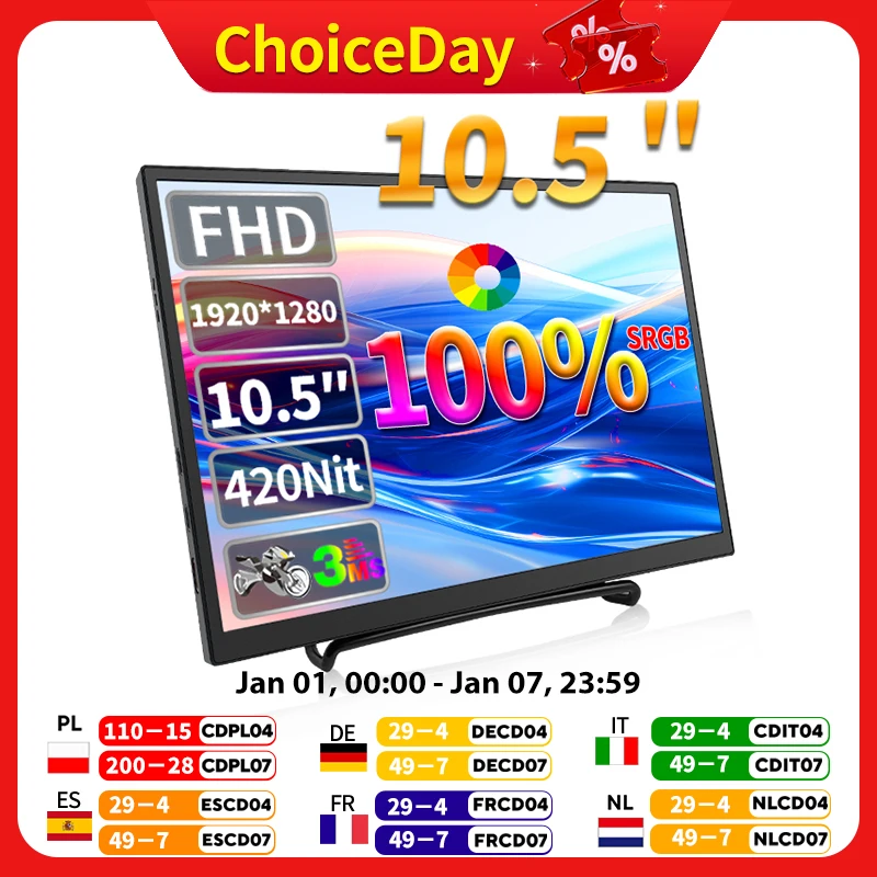 HGFRTEE Monitor portátil de 10,5 polegadas 420Cd/m 2 FHD 1280P 100% SRGB Laptop segunda tela para Mac Xbox PS4/5 Switch