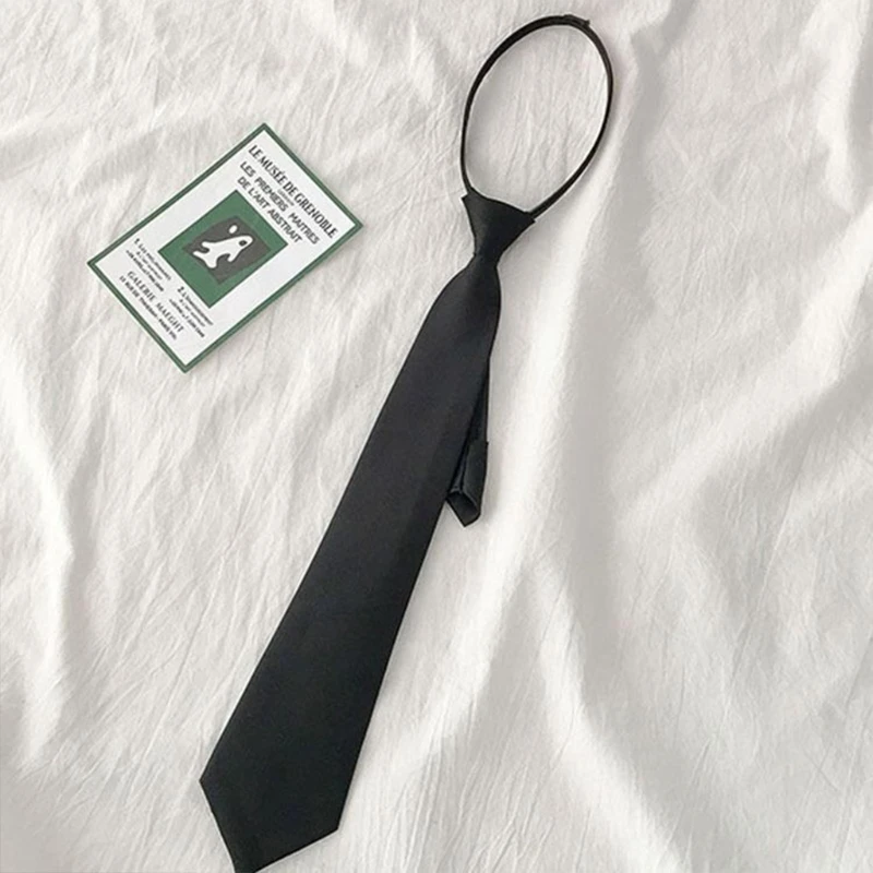 

Women Men Retro Solid Color Black Narror Neck Tie with Adjustable Lazy Zipper Student Pre-Tied Skinny Necktie for Party