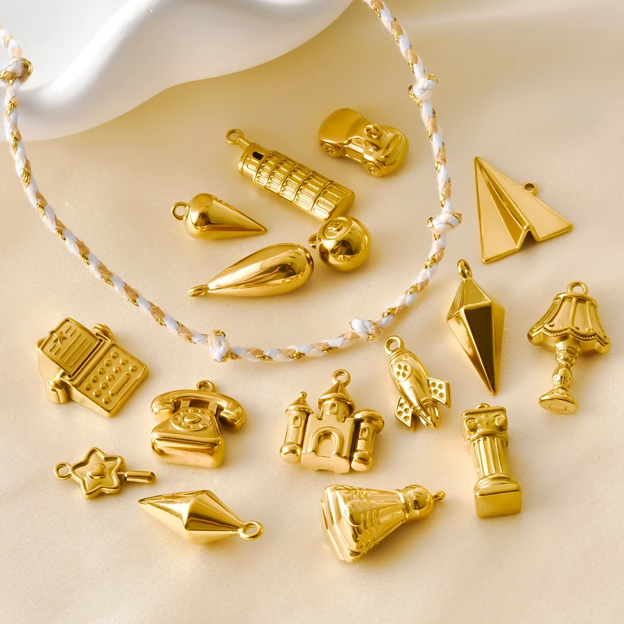5Pcs Vintage Old Telephone Big Ben Castle Y2K Pendant Paper Plane Roman Column Rocket Stainless Steel DIY Keychain Bag Pendant