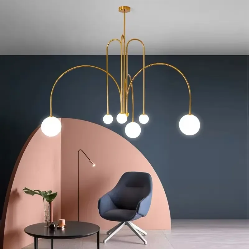 Geometric Chandelier Red Glass Ball Minimalist Lamp Creative Living Room Dining Home Decor Molecular Arch Hang