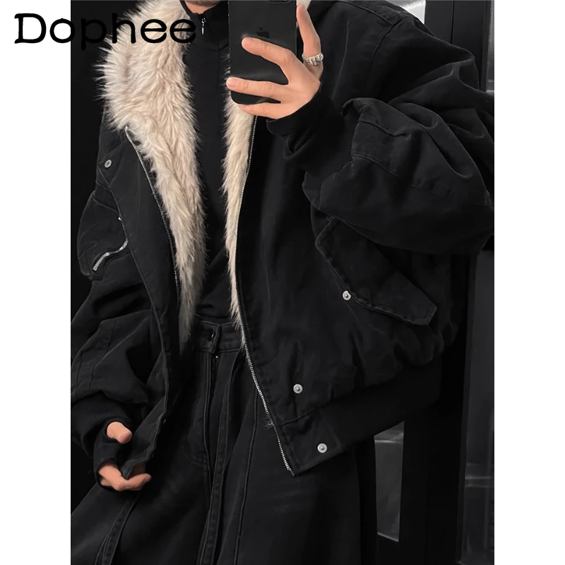 

Men's 2025 Winter New American Style Retro Tooling Faux Fur Collar Hooded Warm Plush Versatile Jacket Coats Long Sleeve Coats