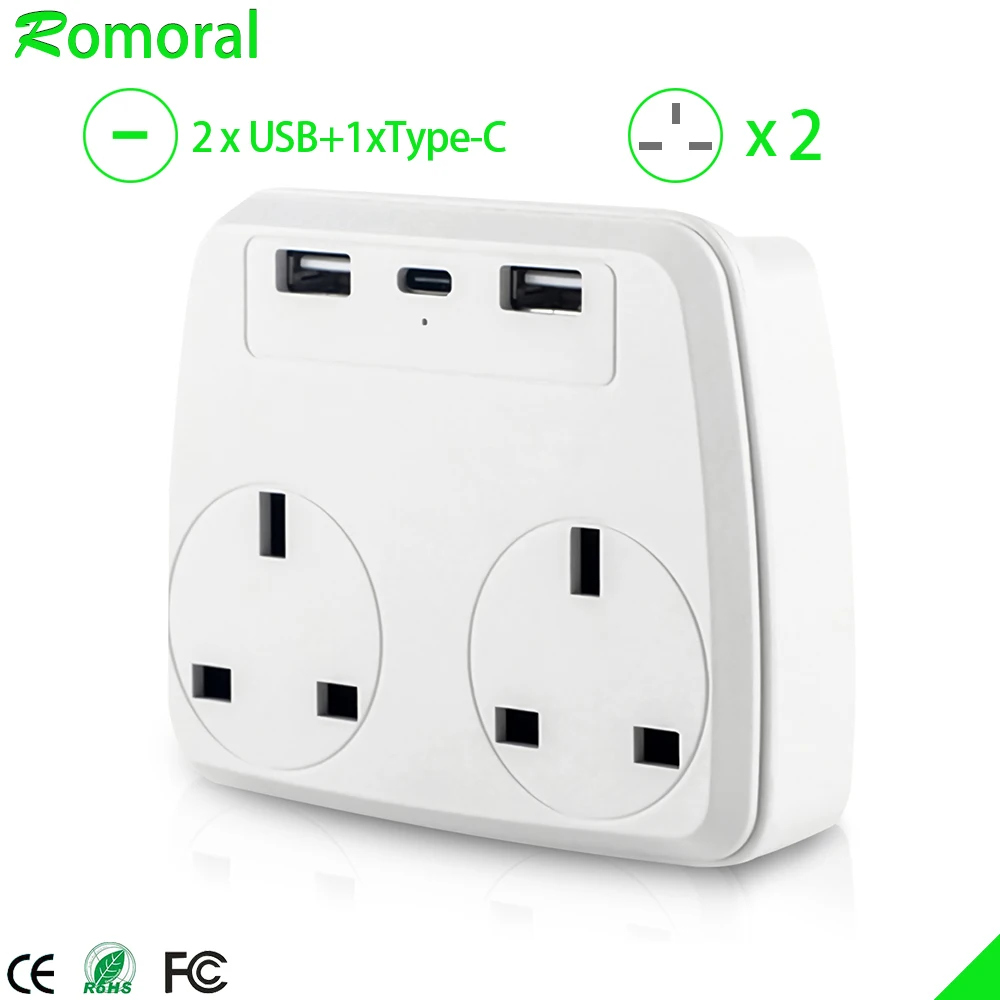 UK Power Socket 1 to 2 Way Plug Extension 2USB 1 Type C Multi Extension Plug Socket 13A Fuse for Home, Office, Kitchen, PC