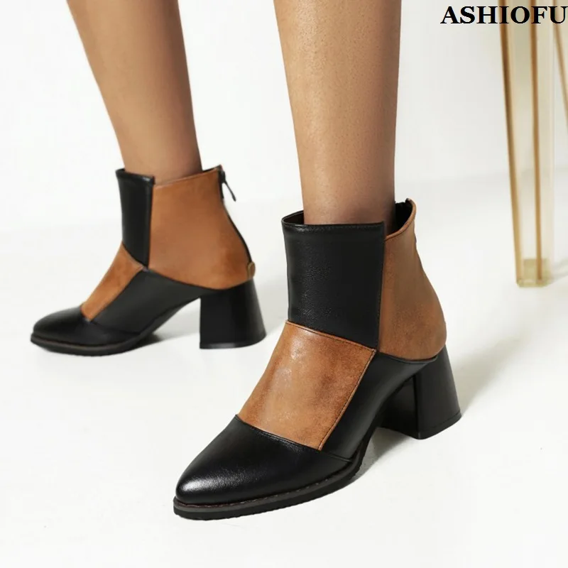 

ASHIOFU Handmade New Arrival Hot Sale Womens Ankle Boots Patchwork Faux-leather Party Large Booty Evening Fashion Daily Shoes