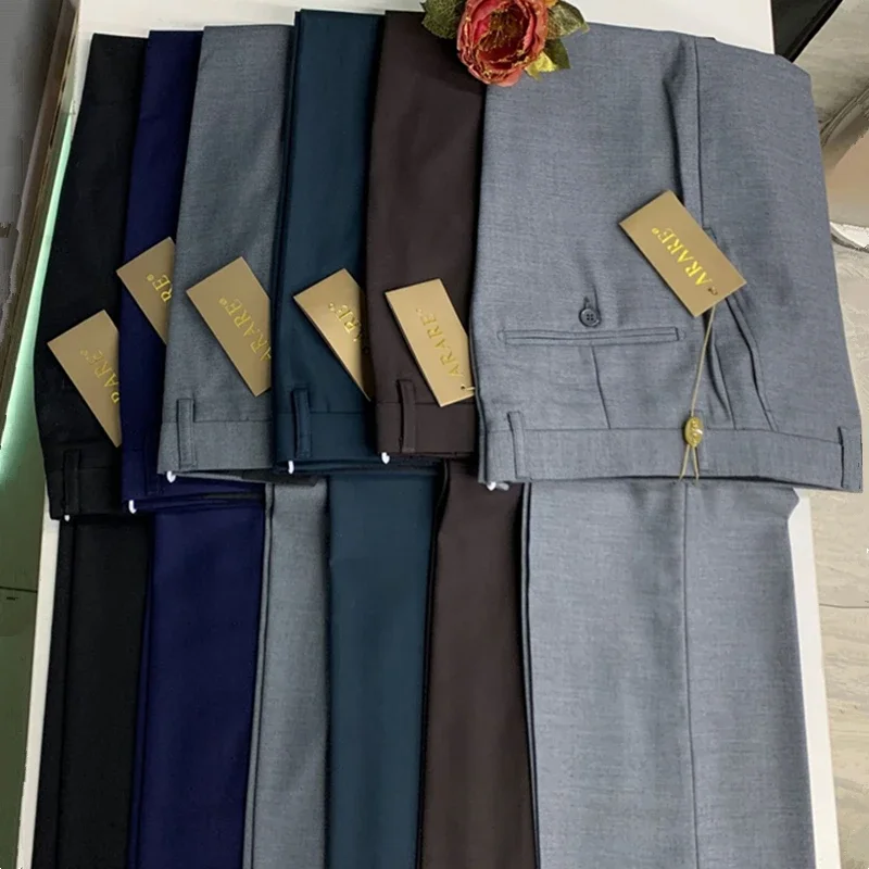 Celana panjang Slim Fit kasual pria, celana regang bisnis warna Solid butik santai 2023