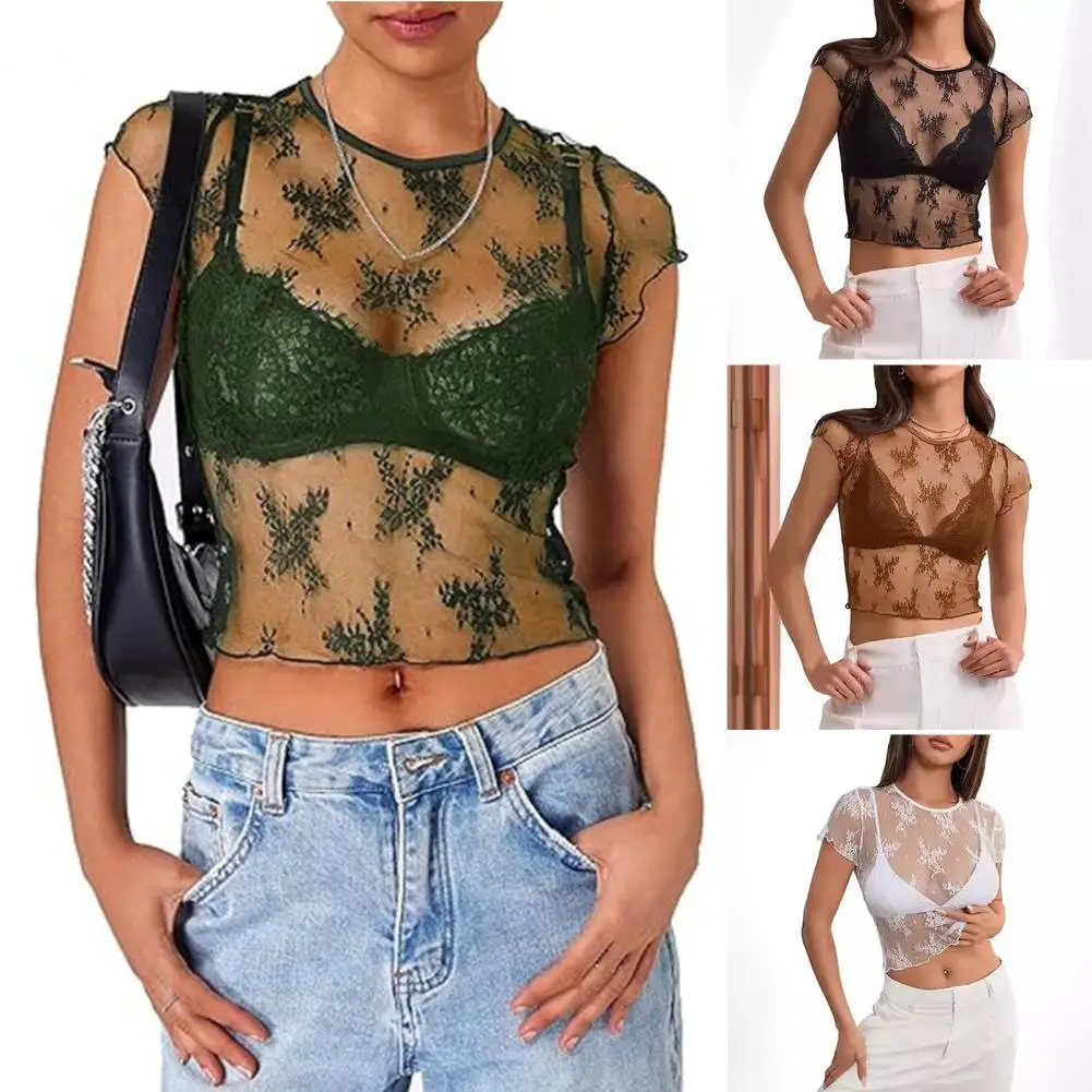 

Sexy Clubwear Women Summer Sheer See Through Floral Lace Mock Neck Short Sleeve Mesh T Shirt 2000s Clothes