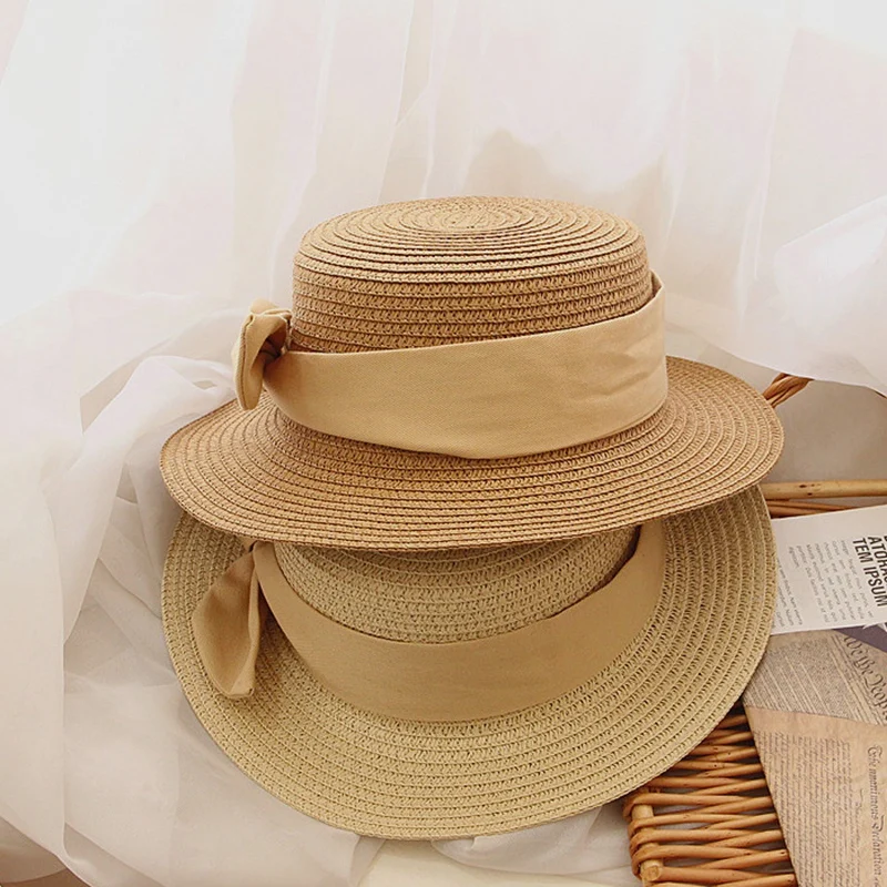 French Bow Kids Straw Sun Hats Kids Girls Summer Beach Hats 50-52-54cm Children Flat Visor Caps Sun Protection