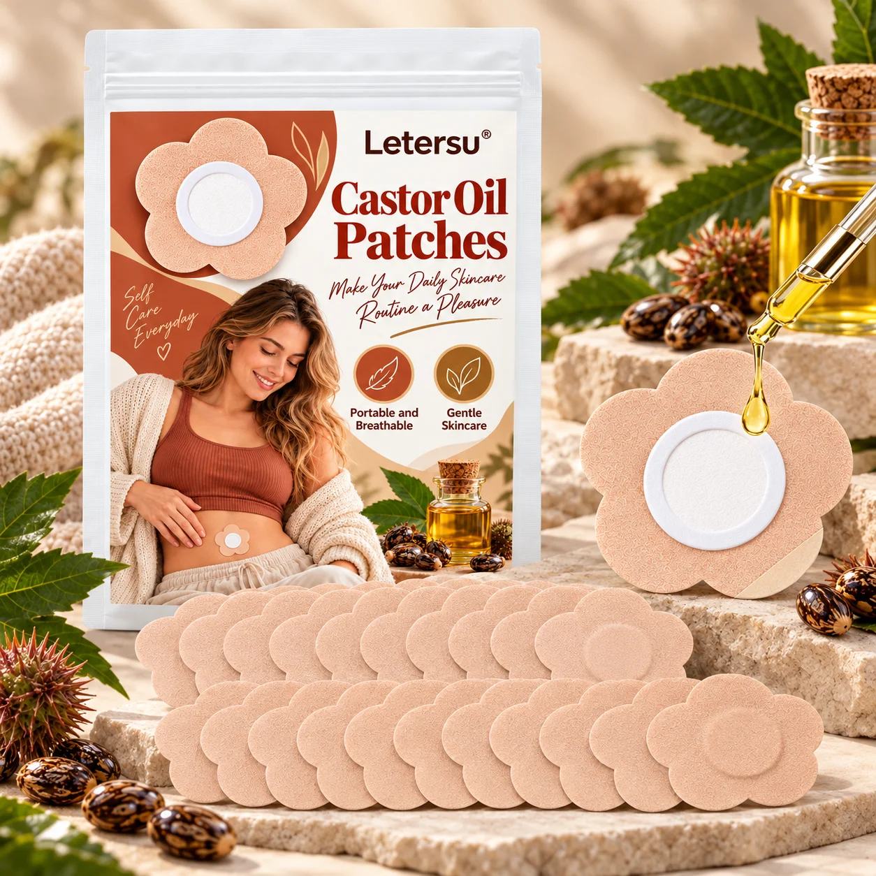 50PCS Castor Oil Patches for Belly, Flower Shape Body Care Pads, Breathable Comfortable Skin Patches for Daily Skincare