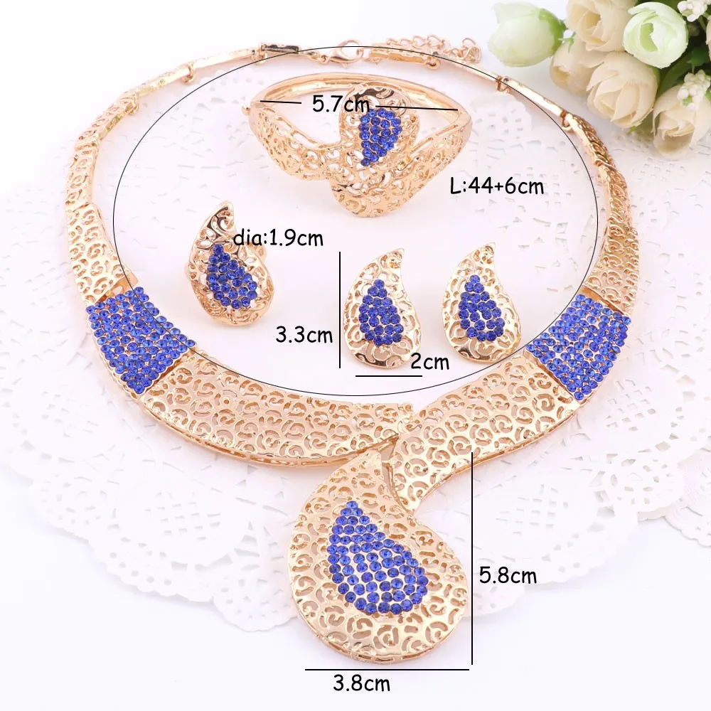 Dubai Gold Color Women Jewelry Sets Classic Design Water Drop Necklace Earrings Bracelet Ring Banquet Party Jewelry Gold Plated