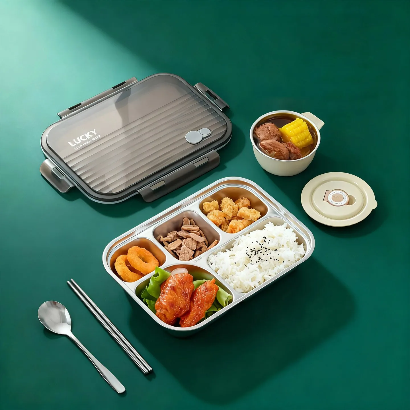 304 Stainless Steel Divided Bento Lunch Box Portable Sealed Fruit Salad Food Container For Kids Students Dinner Plate With Lid view 2