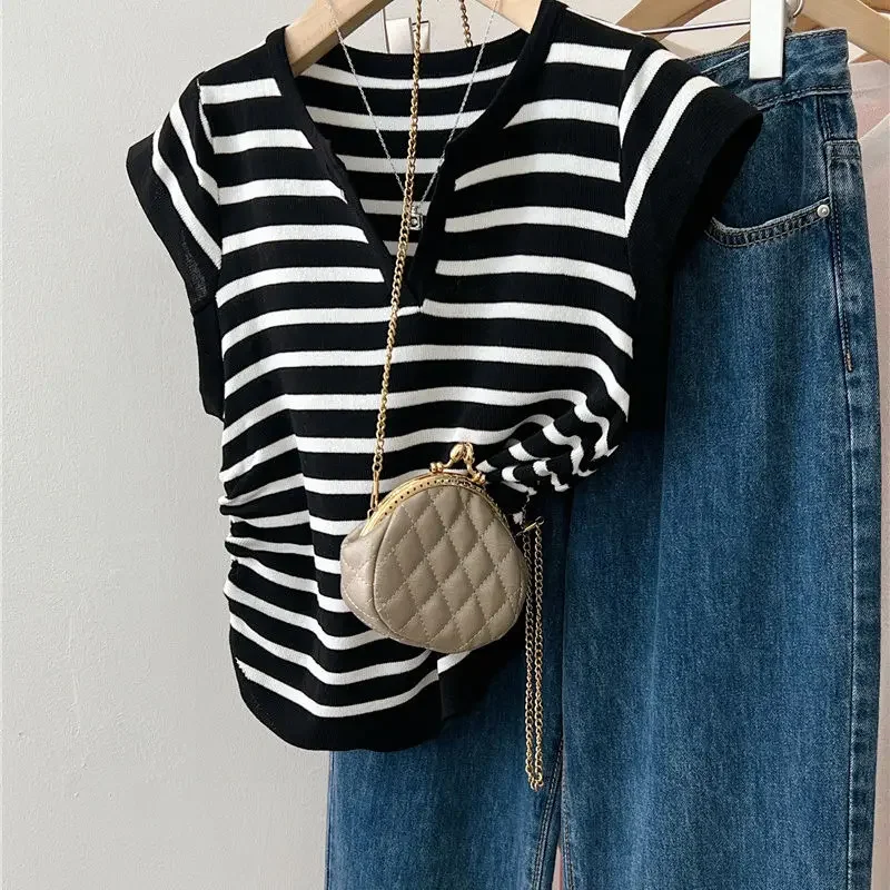 Temperament Summer T-Shirts Women's V-Neck Striped Contrast Color Drawstring Fashion Loose Short Sleeve Knitting Tops