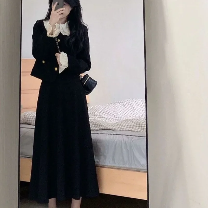 

French Black Vintage Elegant 2 Piece Set Women Autumn Button Crop Coat Midi Skirt Set Female Patchwork Chic Clothing