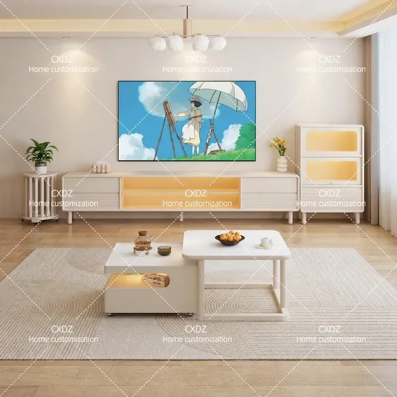 Zoshton Cream Style Tall TV Cabinet Modern Simple Wood Storage Unit for Small Apartment Living Room Home Furniture