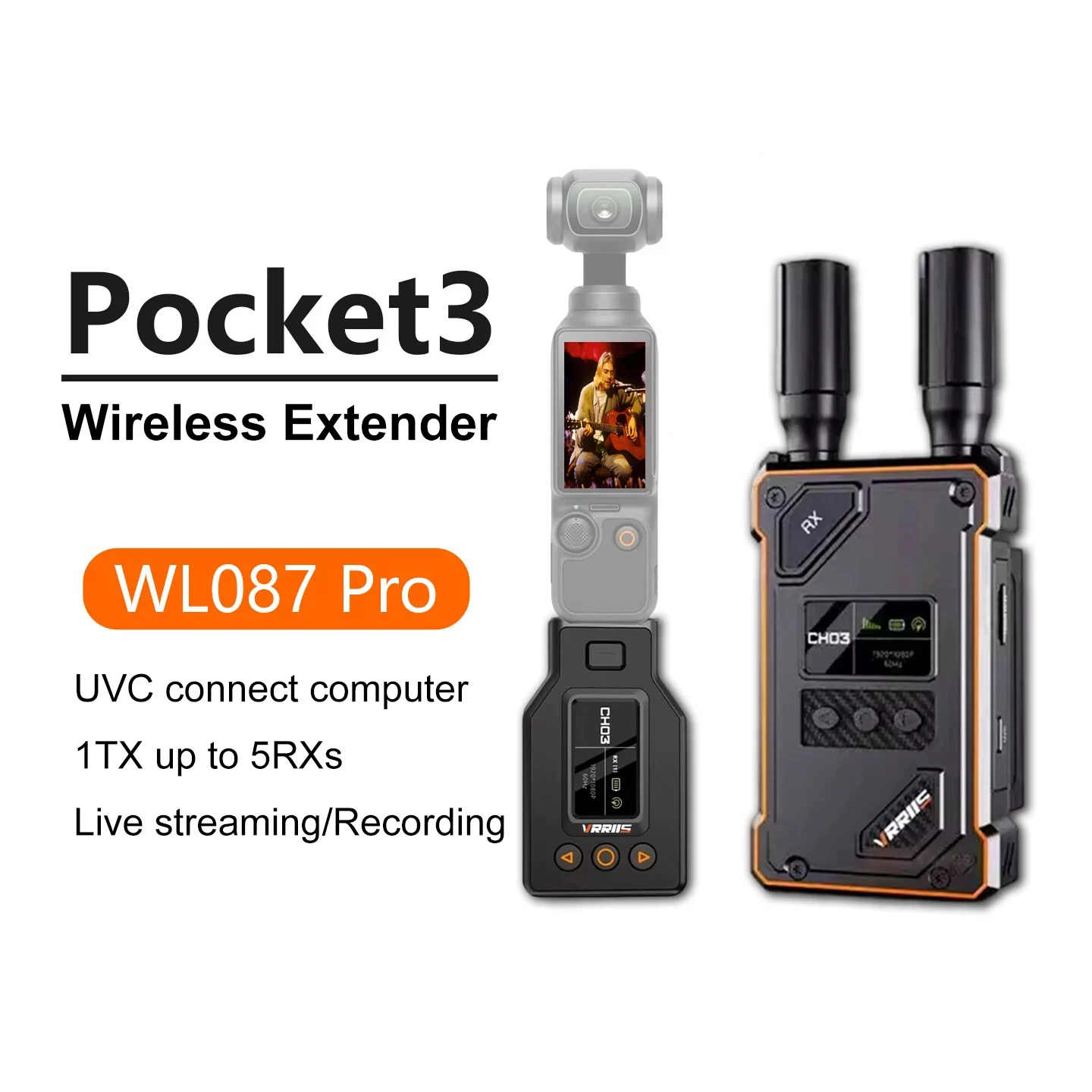 VRRIIS 무선 HDMI 연장기 비디오 송수신기 DJI Pocket 3 4 카메라용 무선 비디오 전송 500m UVC 녹화