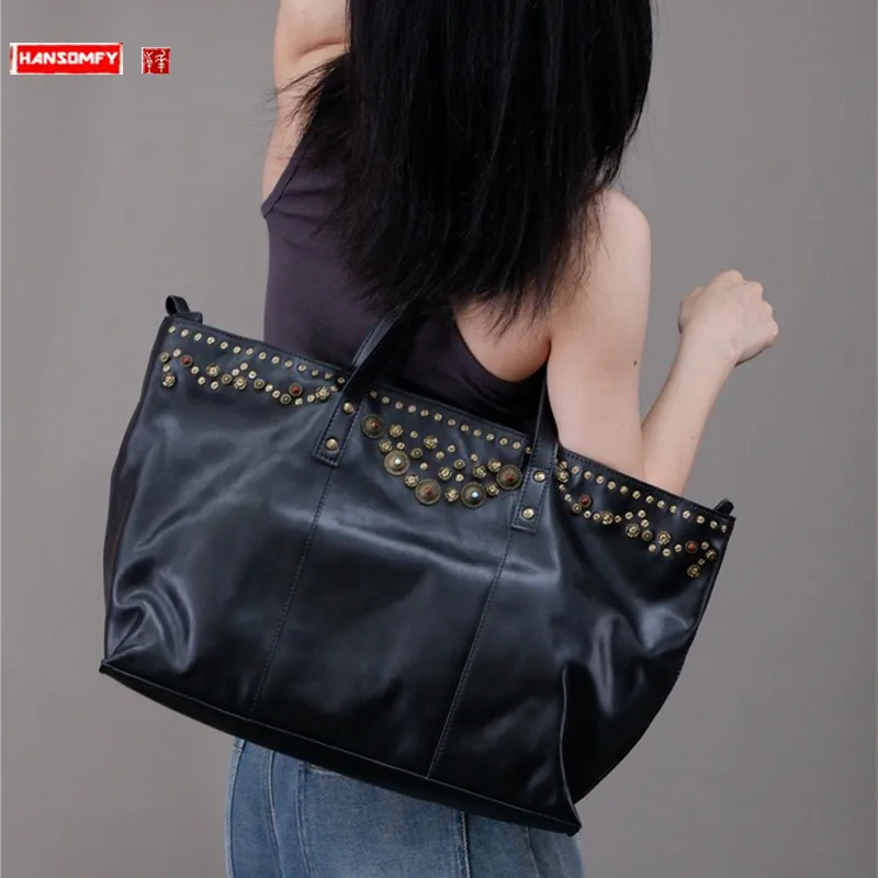 High-Grade Luxury Leather Women's Handbags Lady Tote Bag 2024 Retro Commuter First Layer Cowhide Rivet Large Capacity Bags Black