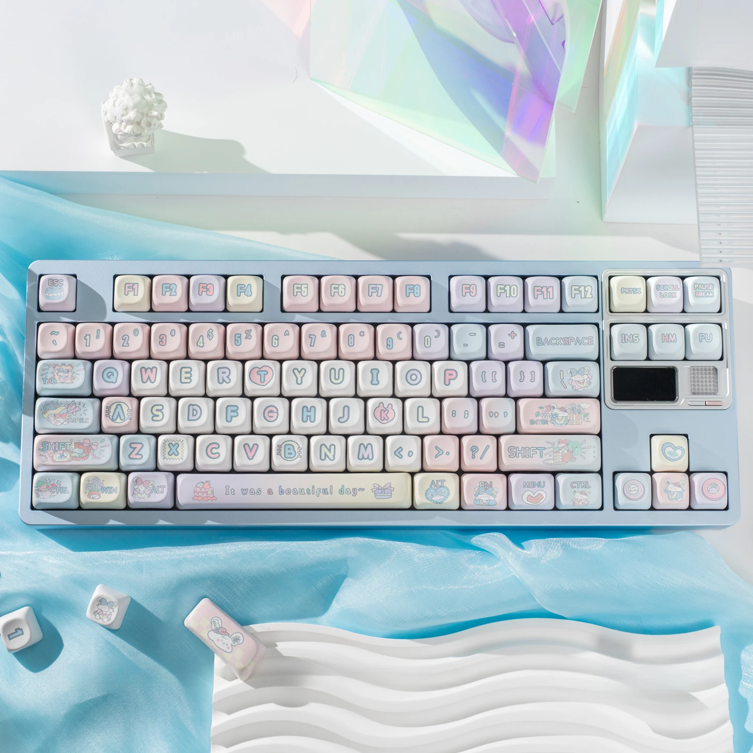 Peach Rabbit Theme Keycap PBT Thermal Sublimation Blue Pink Gradient Ball Cap 131Keys Cute Bunny Mechanical Keyboard Keycaps