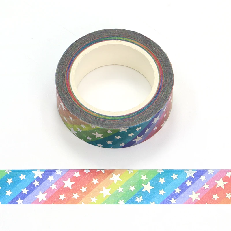 1PC. 10M Deco Silver Foil Rainbow Stars Washi Tape for Planner Scrapbooking Adhesive Stickers Masking Tape Cute Kawaii Papeleria