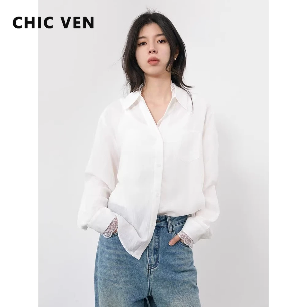 

Модная женская блузка CHIC VEN с длинным рукавом, свободного кроя, повседневная, новый дизайн, V-образный вырез, с кружевной отделкой, белая, весна-лето 2026