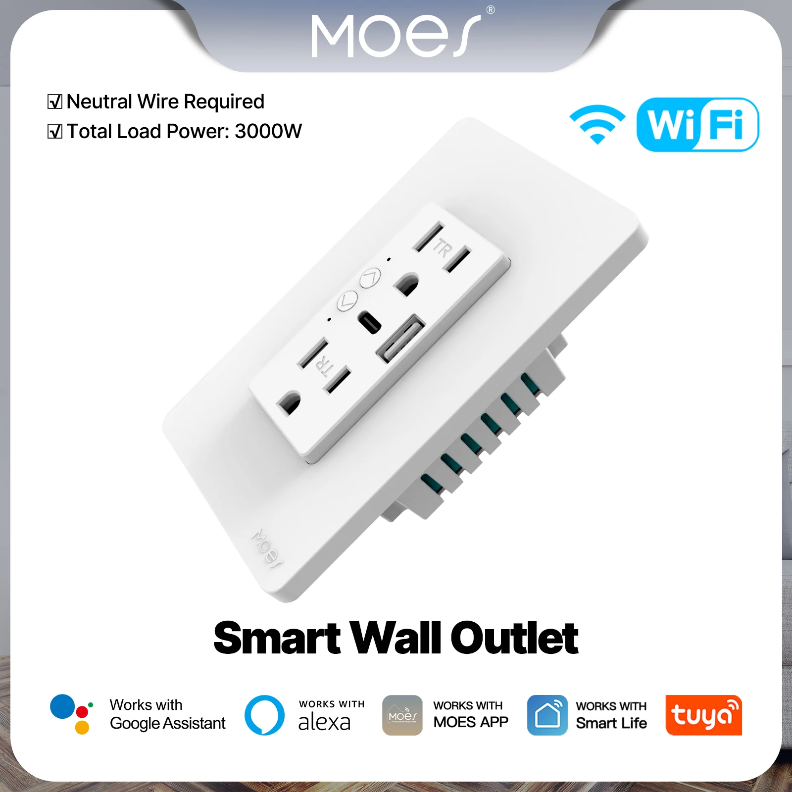 MOES Tuya WiFi Smart Wall Outlet US Electrical Socket USB Type-C Port Plug APP Remote Voice Control Work with Alexa Google Home