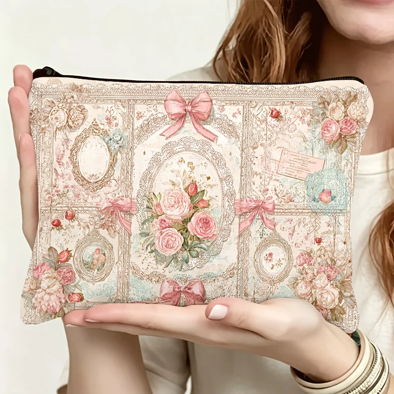 Vintage Romantic Pink Rose and Lace Bow Design Easy to Clean and Durable Thick Material Lightweight Portable Wedding Storage Bag