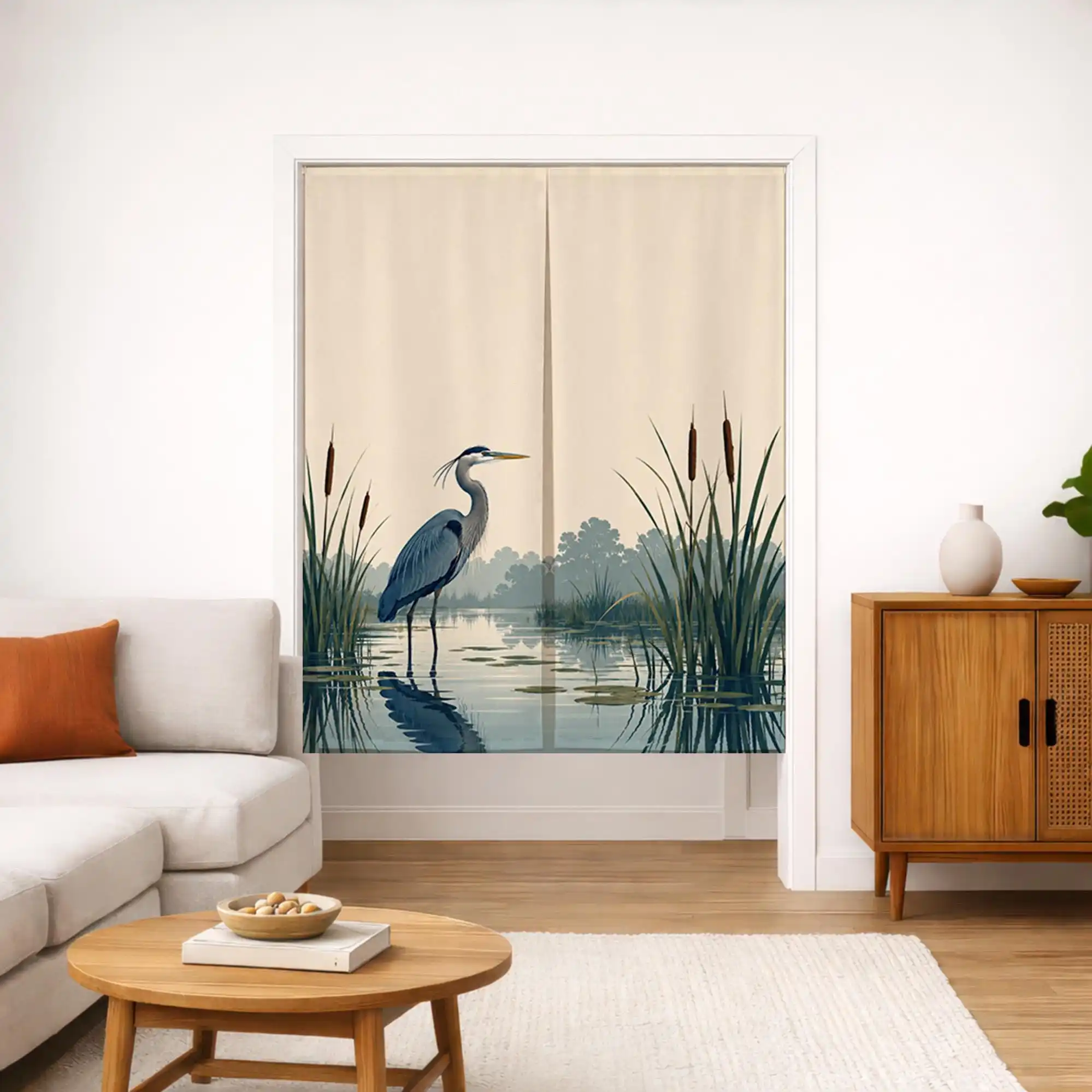 Realistic Blue Heron Pond Scene Decorative Room Curtain Waterproof Window Screen for Home Interior Design
