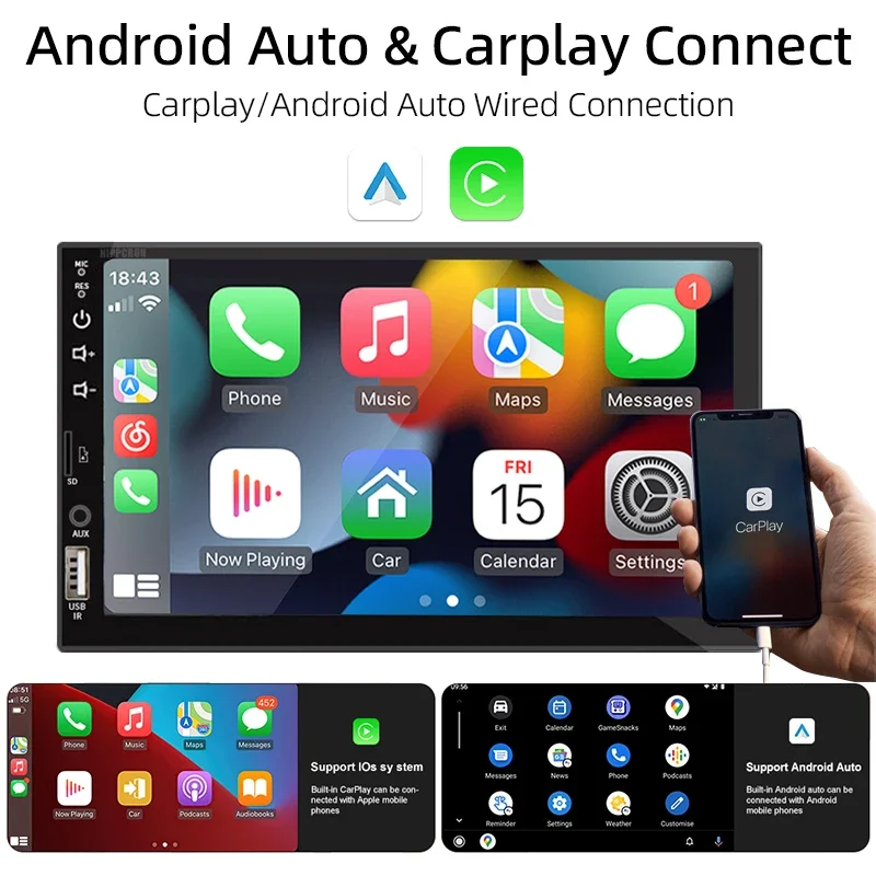 Hippcron 7 Inch HD Touch Screen 1 Din Car Multimedia Player CarPlay Android Auto FM AUX Input Bluetooth MirrorLink Universal
