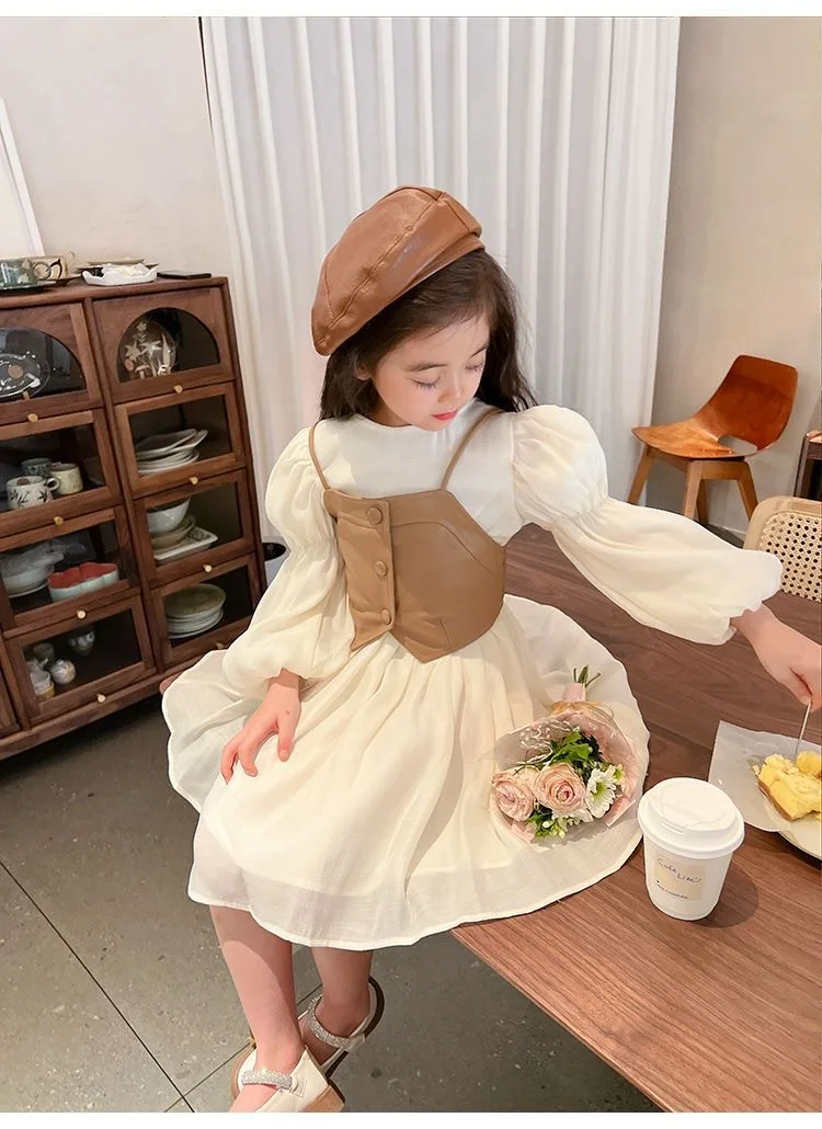 Frühling Herbst Mädchen Kleid Set Langarm Kinder Retro Pu Leder Weste Kleid Set Teenager-Mädchen Kleidung Anzug 4 6 8 12y – Detail 11