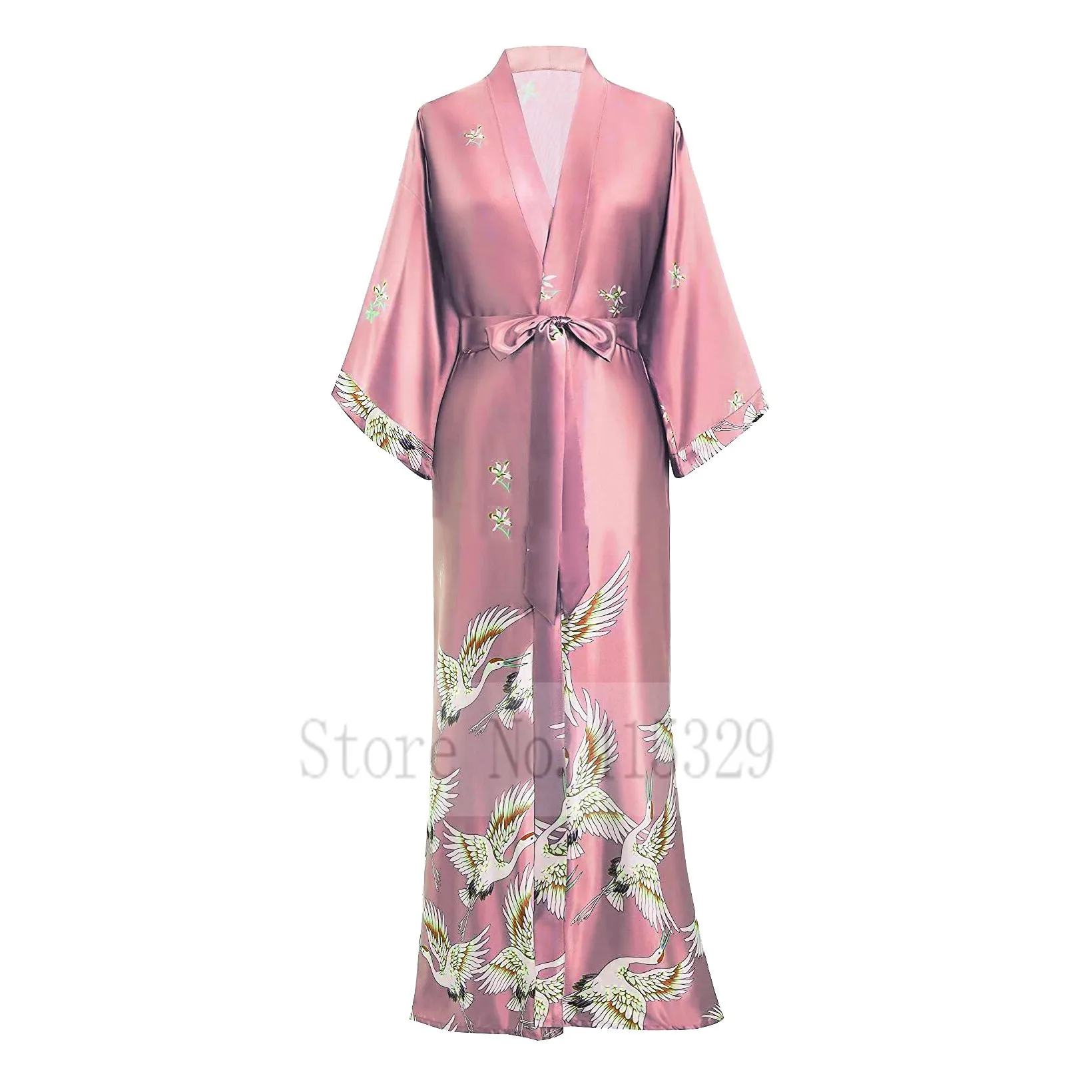 Women Long Kimono Robe Print CRANE Nightgown Wedding Party Gift Longewear Bride Bridesmaid Bathrobe Gown Intimate Lingerie