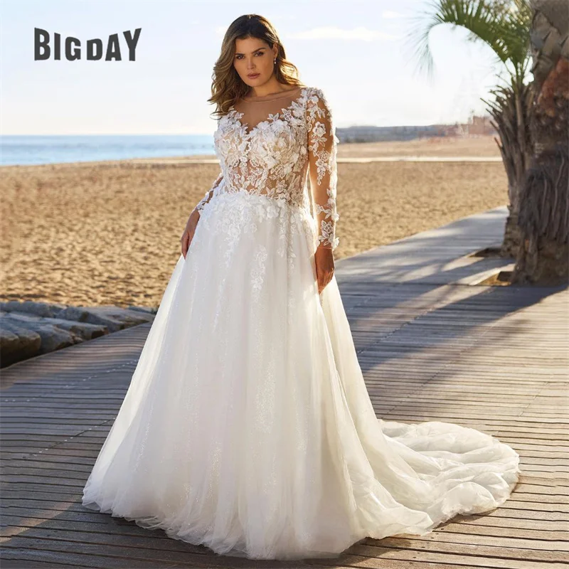 Vestido De novia elegante De línea a, blanco, talla grande, encaje, cuello en V, manga larga, tul, espalda iluminada, tren De barrido