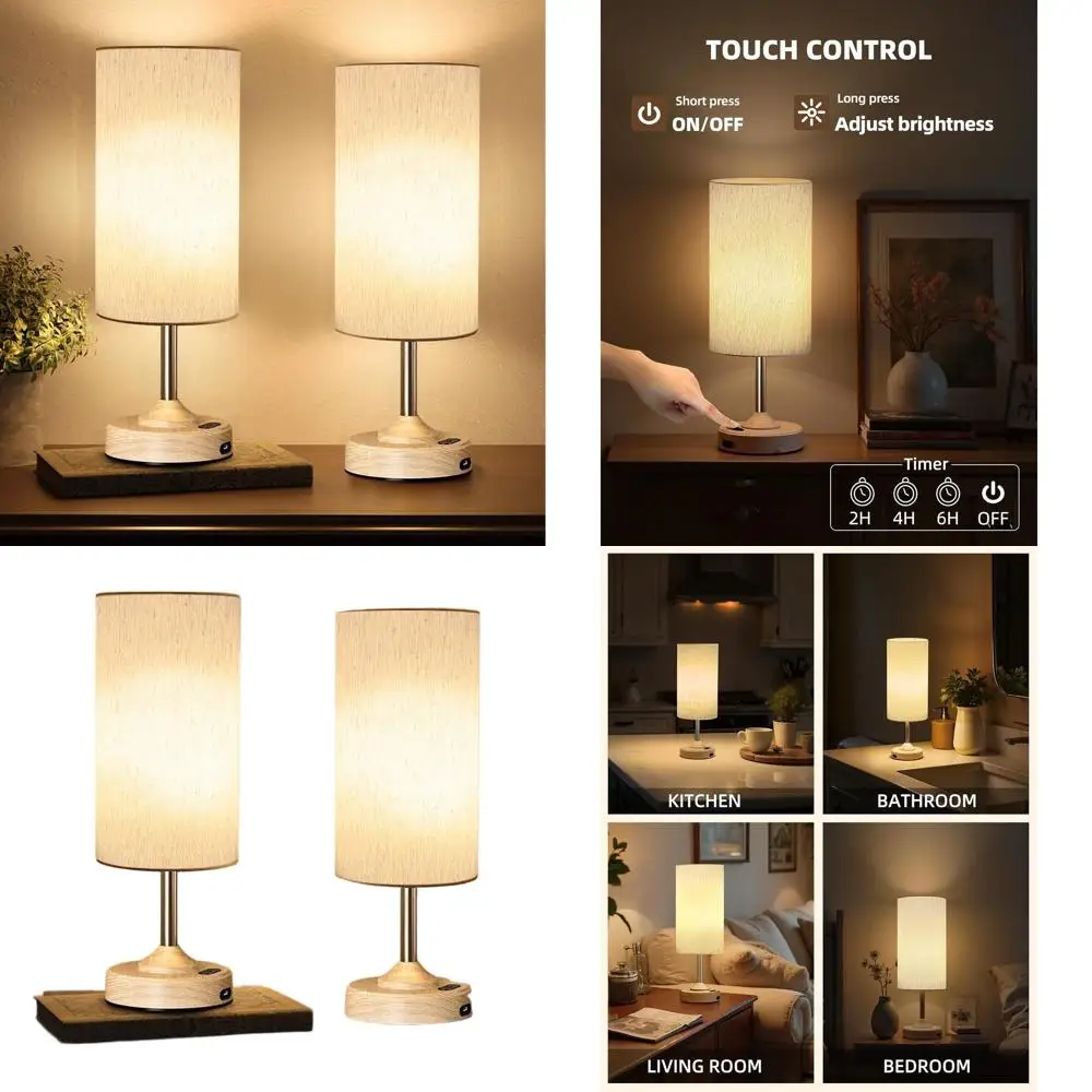 

Настольные светодиодные лампы из 2 предметов с регулируемой яркостью и таймером, сенсорным управлением, портативные, беспроводные, тканевый абажур, отделка с древесным зерном, идеально подходят для стола a