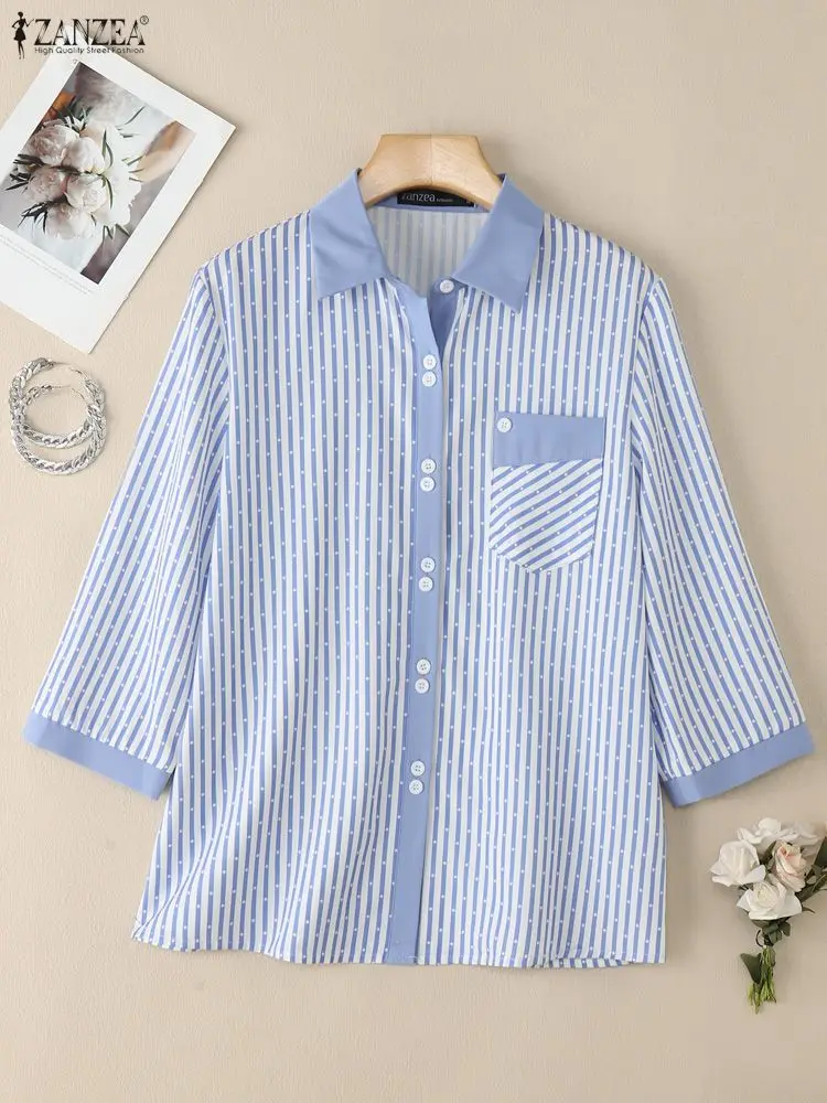 

ZANZEA женские полосатые рубашки контрастного цвета с отложным воротником и рукавами 3/4, рубашка на пуговицах с накладным карманом, осень 2022, мода S-3XL