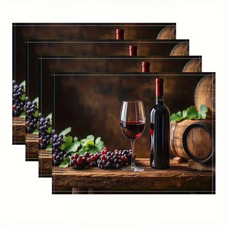 Wine Bottle Glass Grape Wooden Barrel Art Print Rectangular Placemats  Set Vintage Wine Themed Dining Table Decor Mats