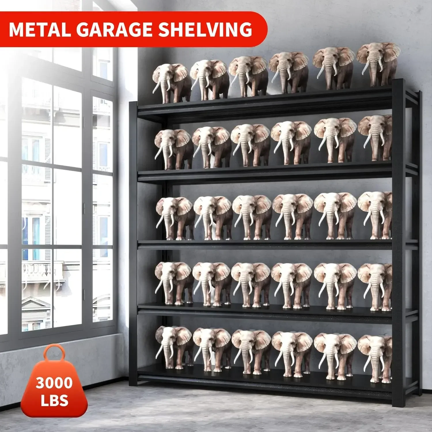 78" H Garagerekken 3000LBS Zware opbergplanken Verstelbare 5-laags metalen planken, magazijn 18" D*47,5" B*78" H, Zwart