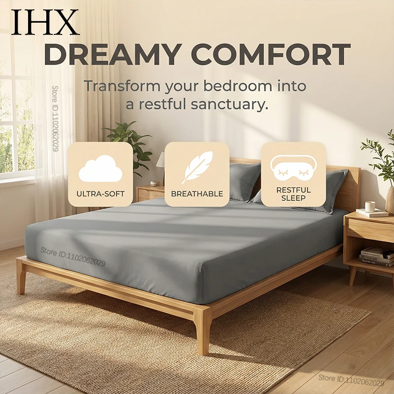 IHX Fitted Bed Sheet with Elastic Band Solid Color Mattress Cover Single Double King Queen Bed 140/150/160/180/200 Custom Size