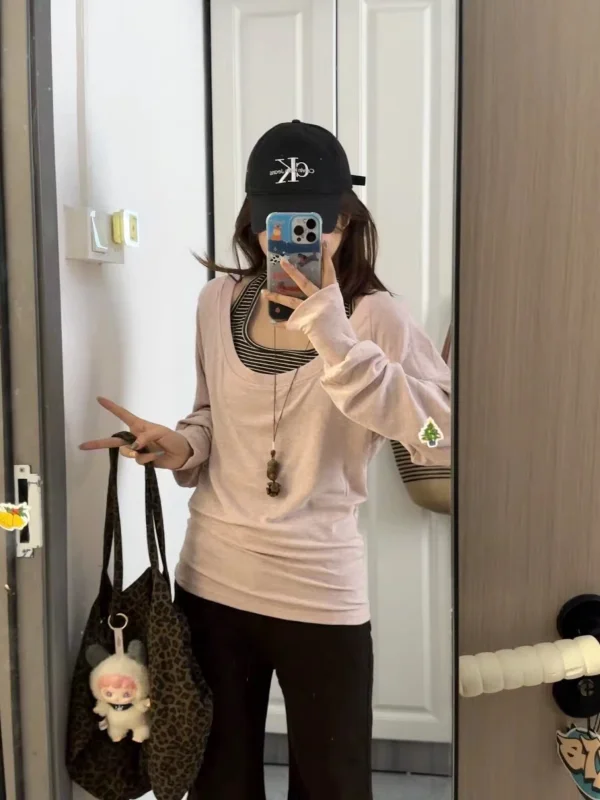 

plus Size American Retro Striped Neck Hanging Strap Vest Lazy Style Slim Fit Top Two Piece Set Women's Fashion Casual Outfit