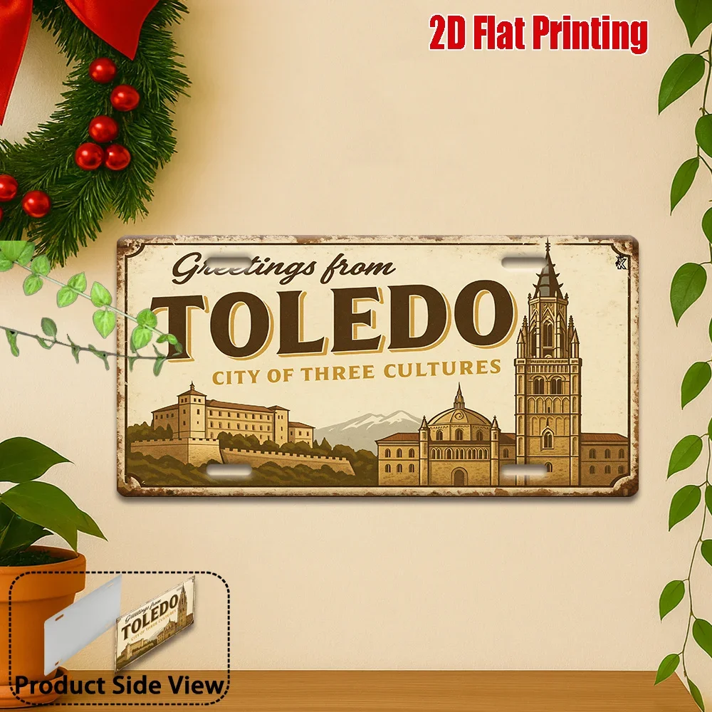 2D Flat, 1pc Vintage Toledo City of Three Cultures Metal Wall Art Sign - Spanish & English Text, Historic Landmarks (Alcázar,