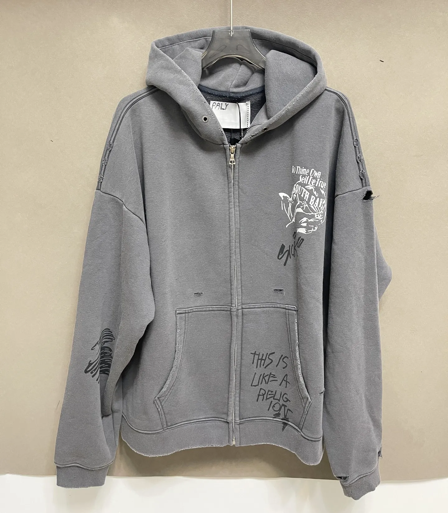 Yao Fashion Play Hot Drill Damage Tops Carrying The Message Zip Hoodie Make Washed Vintage Old Brand Terry Heavy Hoodies for Men