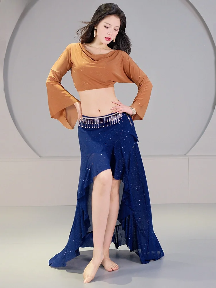 セクシーなメッシュベリーダンス練習着、東洋舞踊パフォーマンス衣装、フレアスリーブ付きスリムアンサンブル