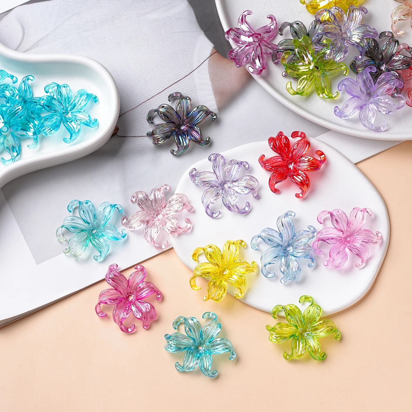 5pcs/Lots AB Color Acrylic Iris Flower Beads Random Color 3D Flower Charms for DIY Jewelry Making Earrings Necklaces Supplies
