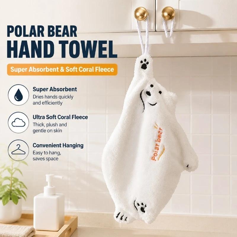 Polar Bear Hand Wiping Towel Super Absorbent Hanging Kitchen Towel Coral Fleece Thick Cartoon Hand Towel for Bathroom