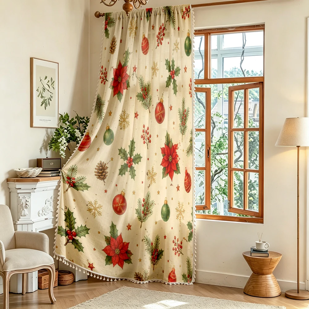 1PC Christmas Winter Tassel Sheer Curtains, Poinsettia, Digital Print, Linen Polyester, Bedroom Living Room, Home Decor