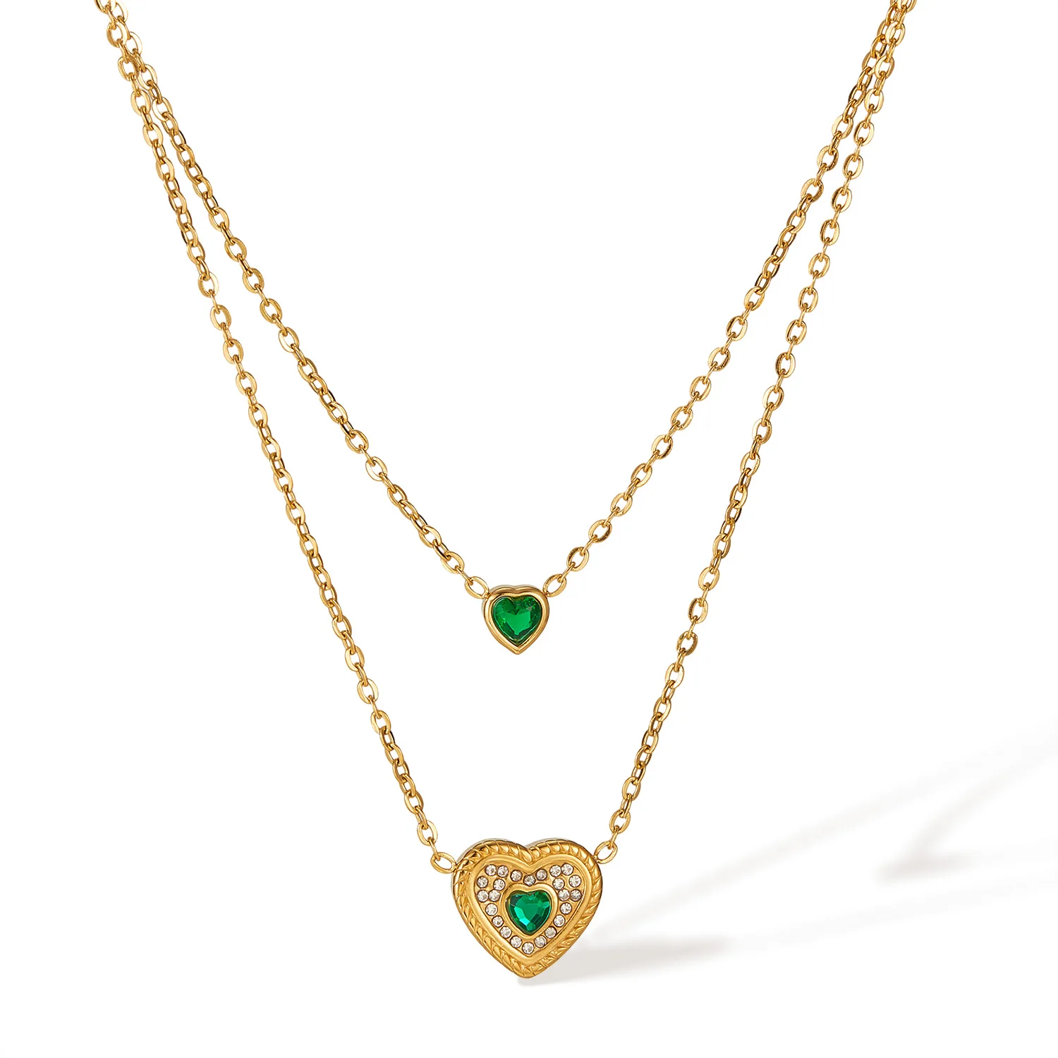 

Vintage Double-Layer Emerald Heart Necklace – French Chic Stainless Steel Clavicle Chain for Women