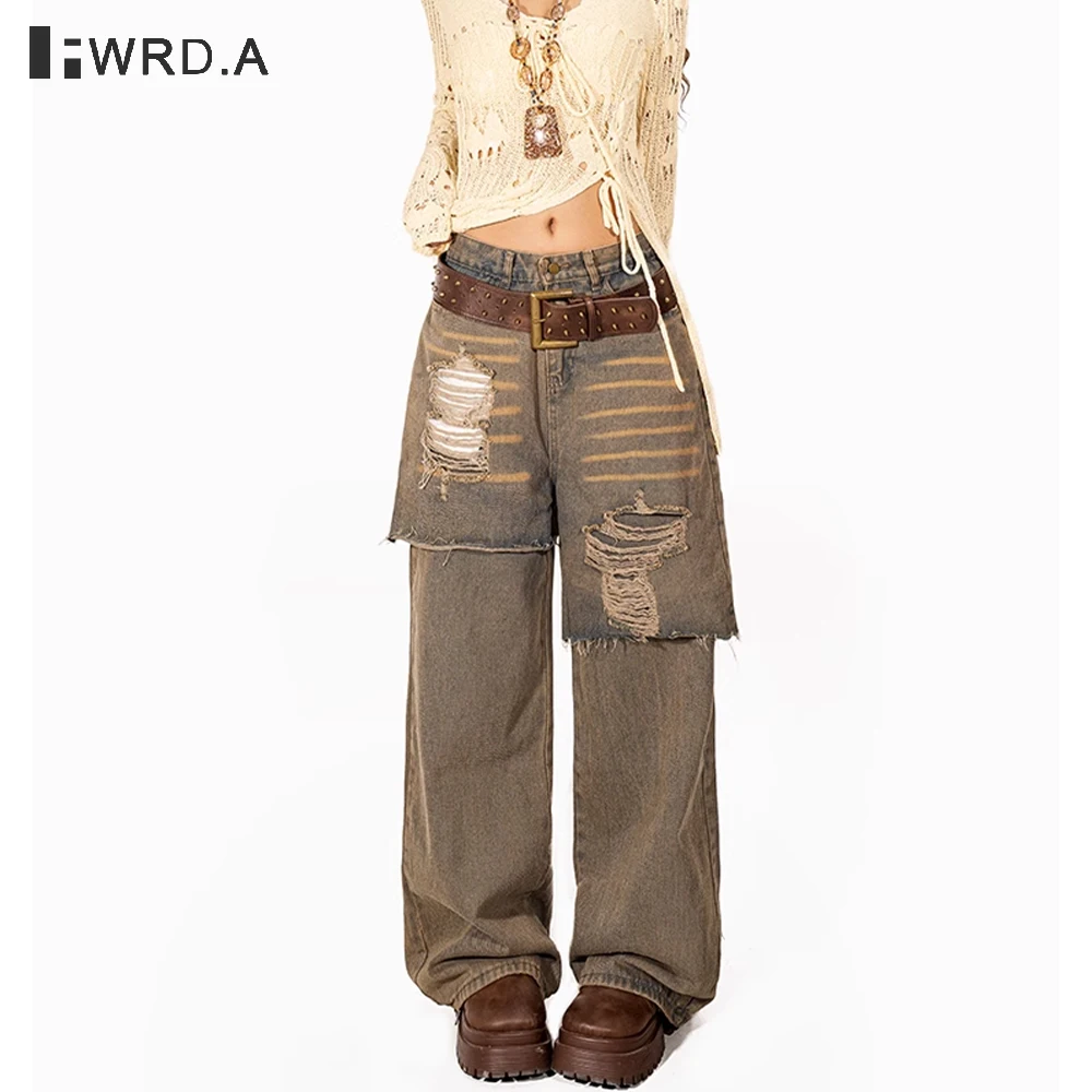 

FWRD 2025 Hot Girl Low Waist Ripped Jeans For Women Grunge Washed Irregular Wide Leg Pants With Fake Two Piece Style#FWRD6013